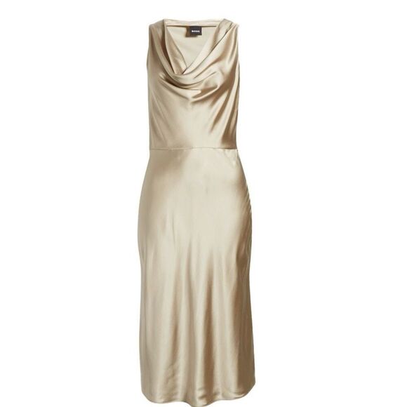NWT BOSS “Dawida” satin cowl neck midi dress in champagne gold Size 8 - Picture 6 of 16